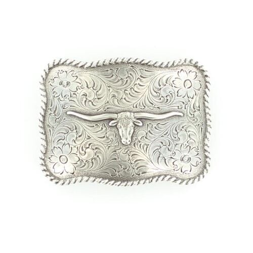 Men's Longhorn Floral Engraved Belt Buckle in Silver