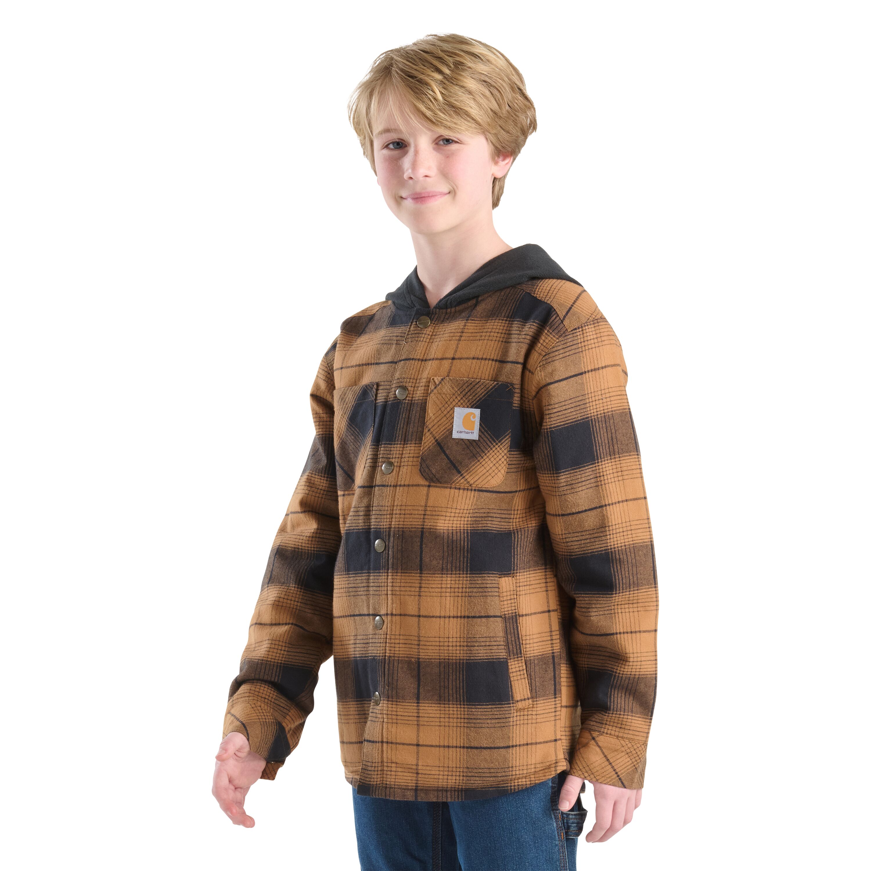 Carhartt Boys' Long Sleeve Flannel Snap-Front Hooded Shirt Jac
