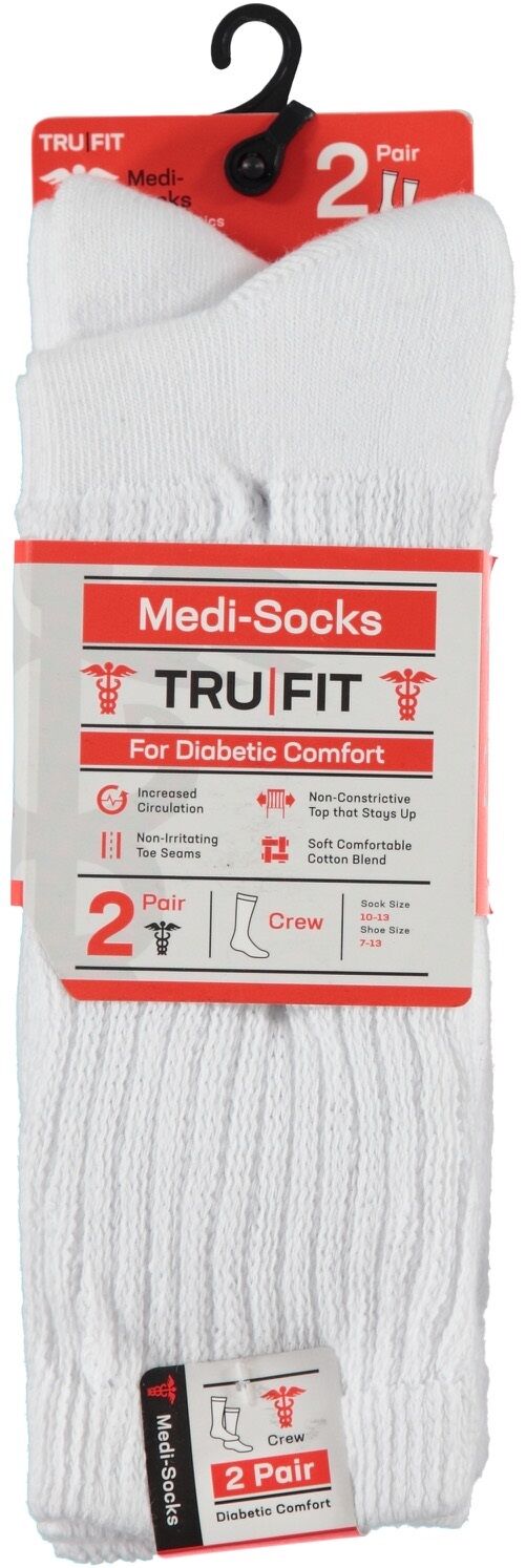 TRU FIT Men's 2-Pack Crew Medi-Socks for Diabetic Comfort in White