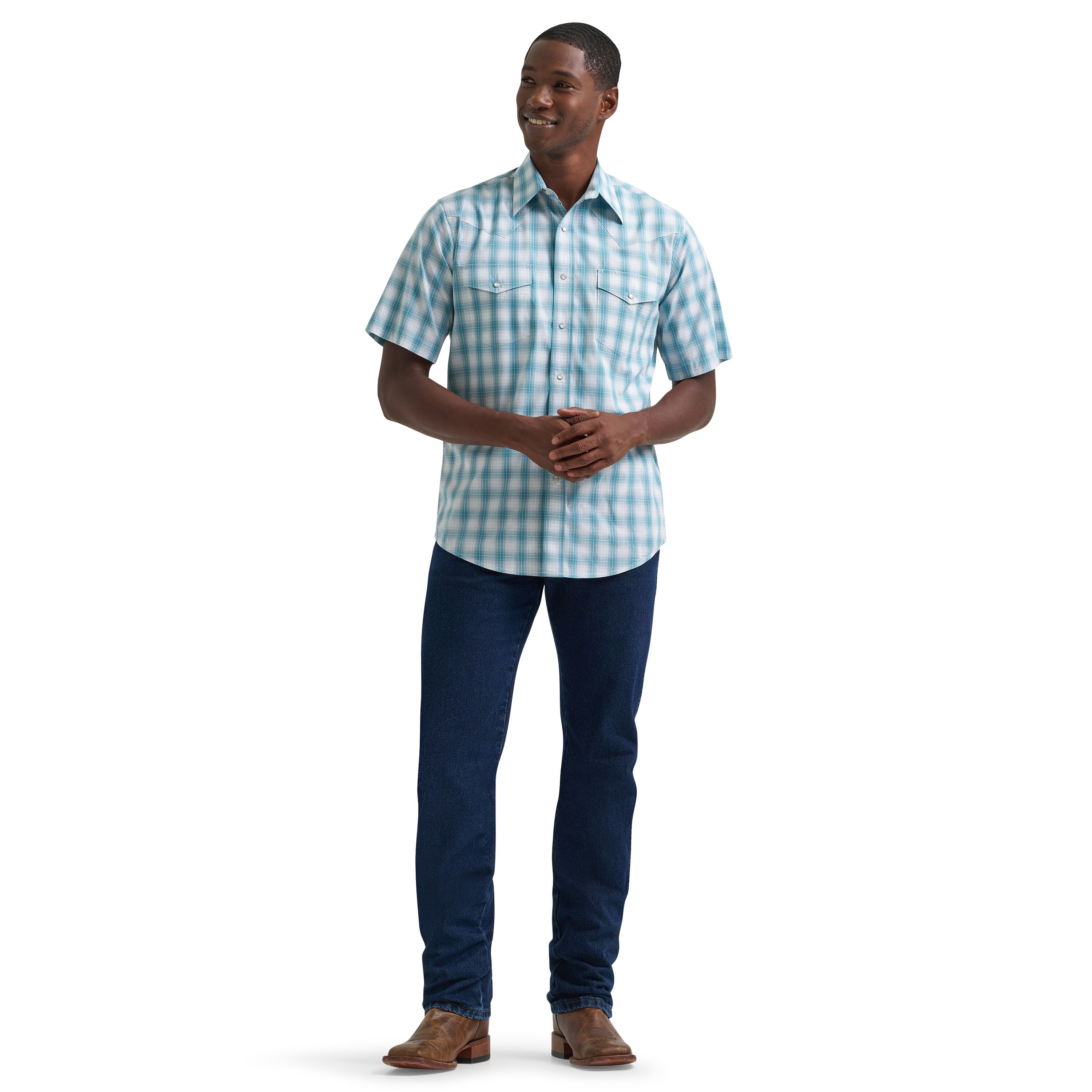 Men's Wrinkle Resist Short Sleeve Western Snap Plaid Shirt