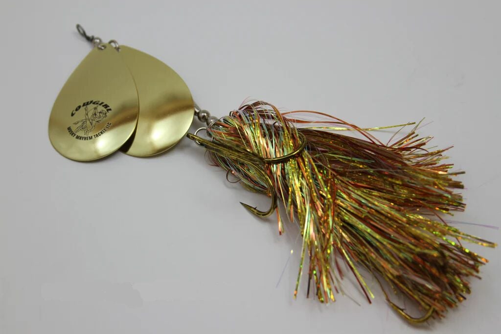 double cowgirl fishing lure Musky Mayhem Tackle flowing Flashabou skirt provides a constant ripple of color and lifelike action 13+" Double Cowgirl Musky Lure-