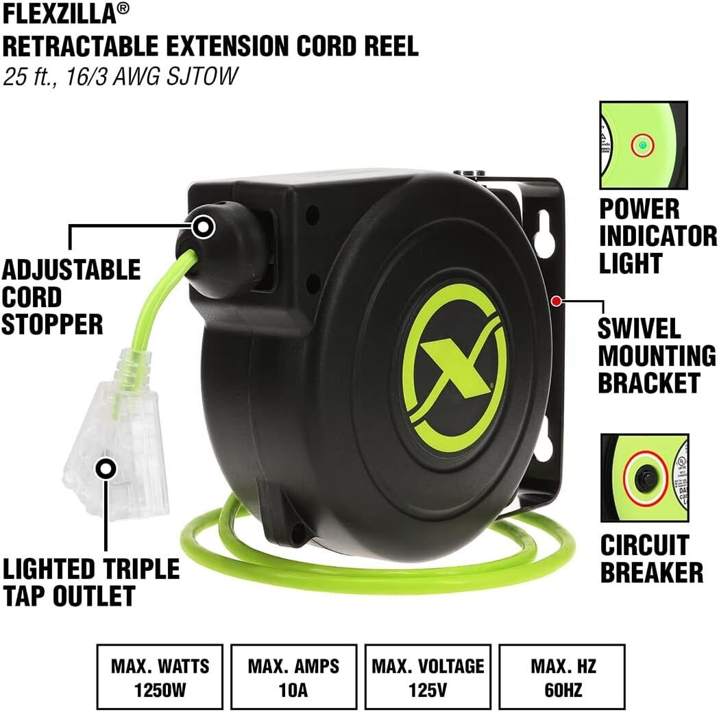 Flexzilla Retractable Extension 16/3 AWG 25' Electric Cord Reel