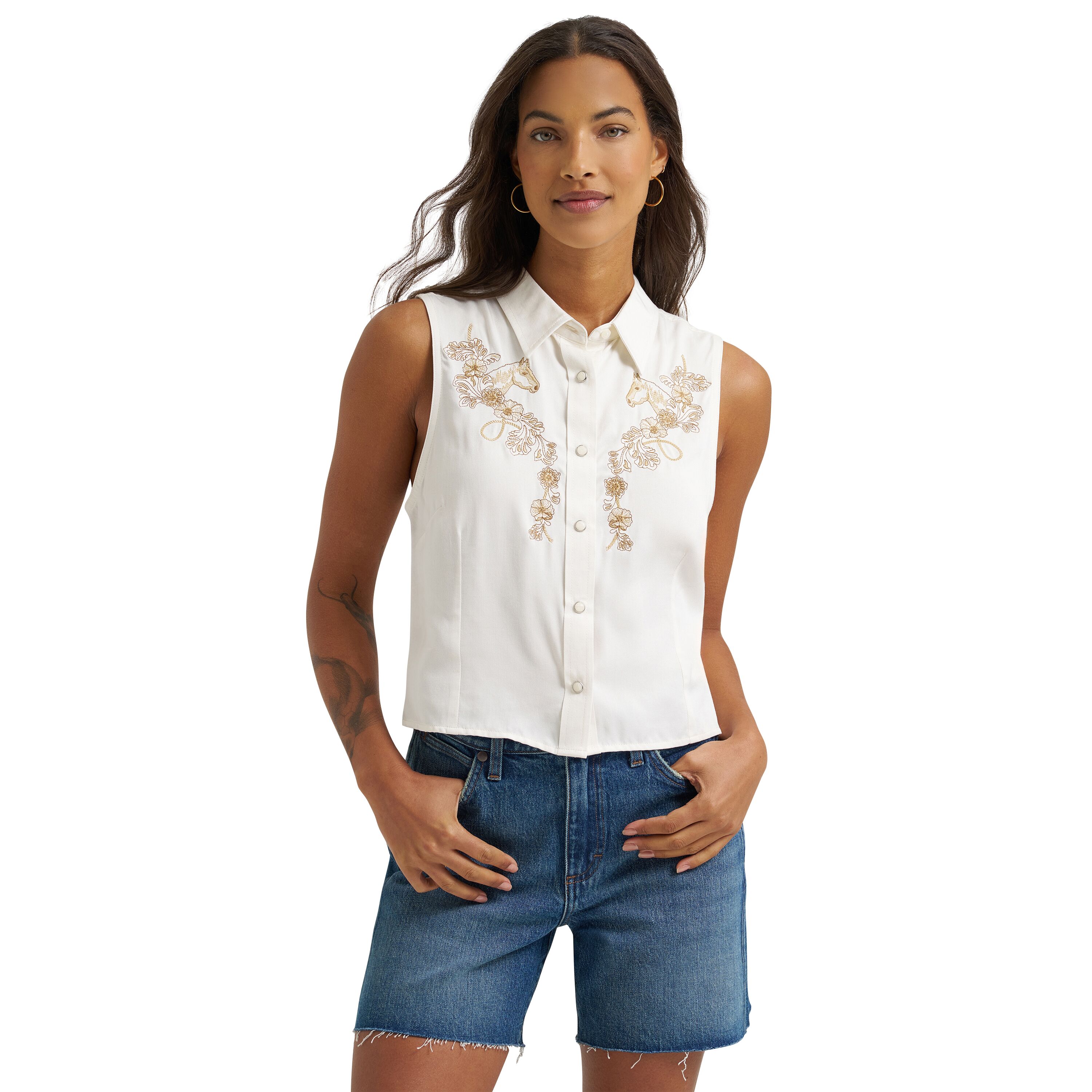 Women's Embroidered Sleeveless Snap Shirt
