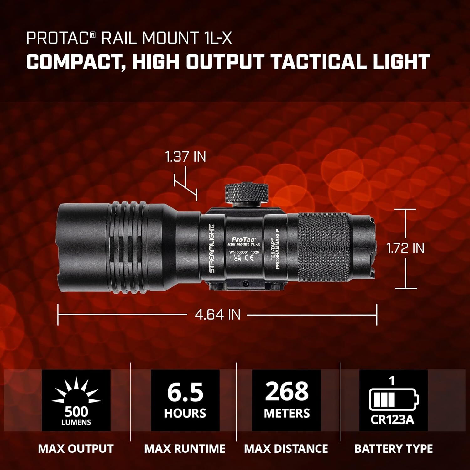 Streamlight Protac Rail Mount 1L-X Handgun Weapon Light CR123A 500