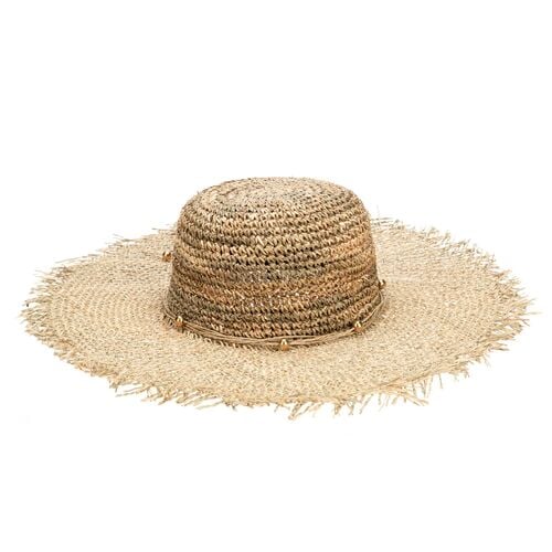 Women's Runaway Crochet Seagrass Crown with Open Weave Brim and Gold Beaded Trim in Natural