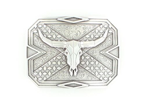 Men's Square Plate Steer Skull Belt Buckle in Silver