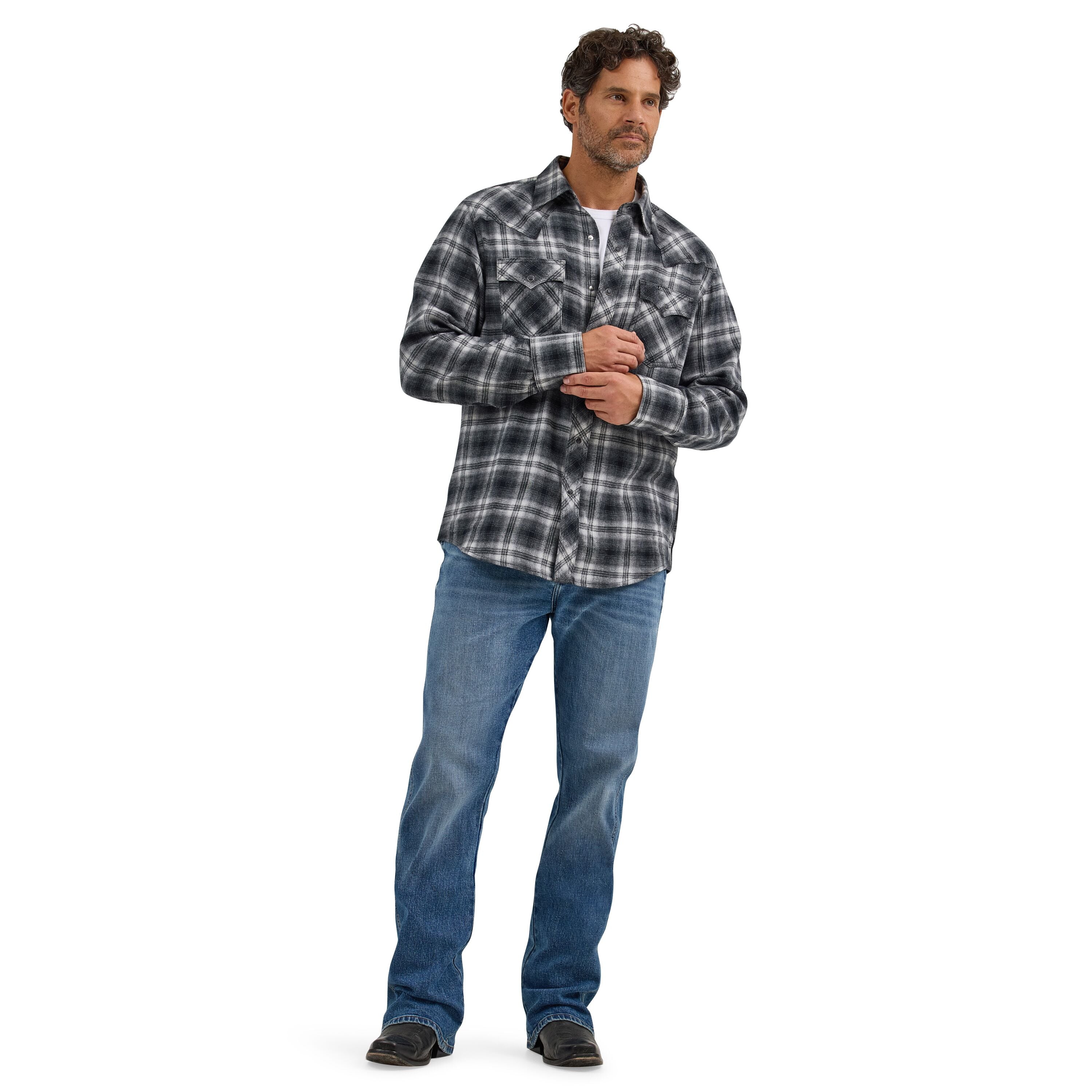 Men's Retro Long Sleeve Flannel Western Snap Plaid Shirt