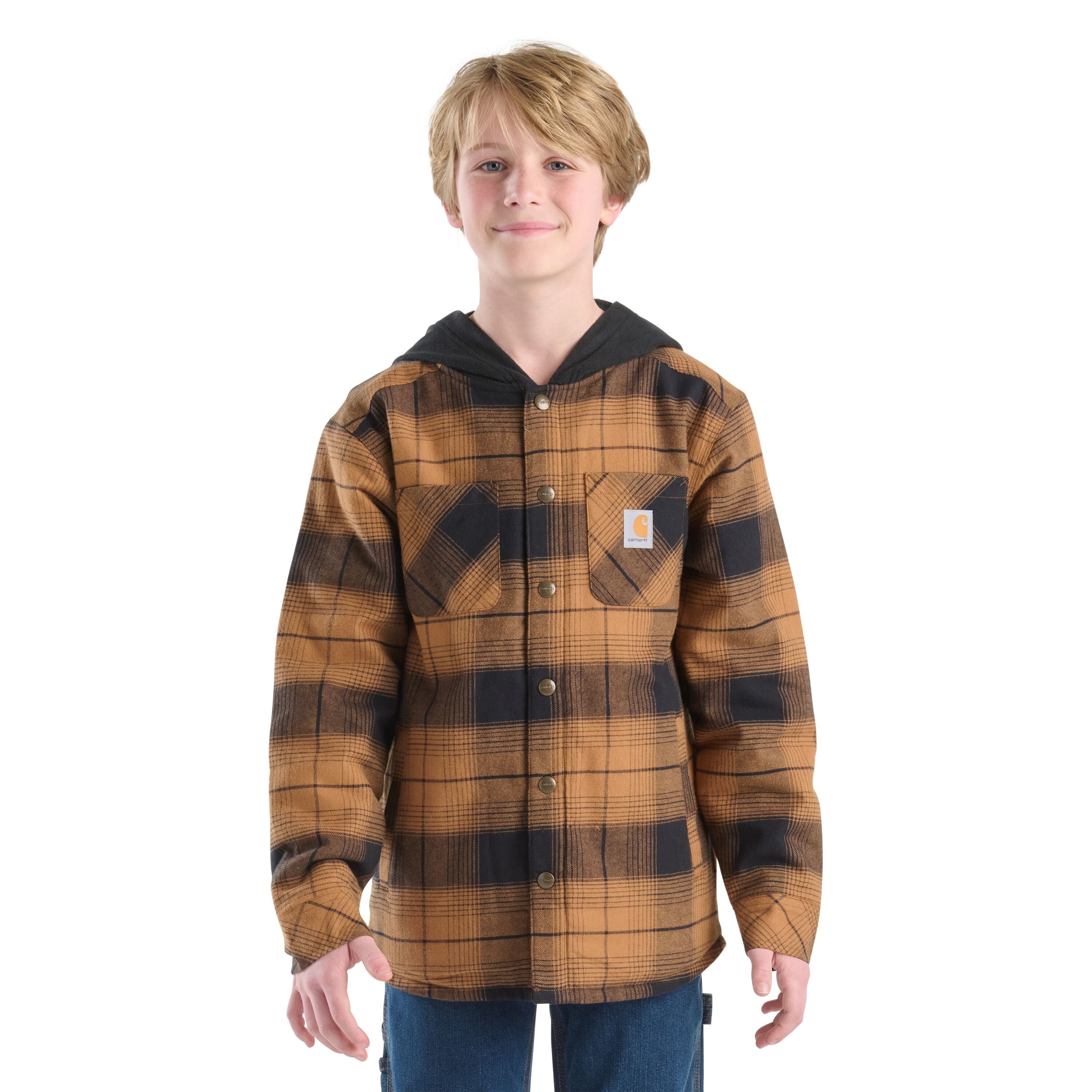 Carhartt Boys' Long Sleeve Flannel Snap-Front Hooded Shirt Jac