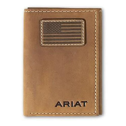 Men's Flag Patch Leather Trifold Wallet in Brown