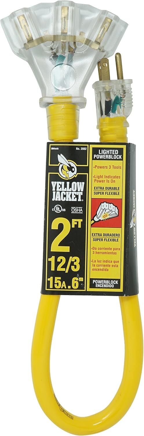 Yellow Jacket 12/3 Lighted Power Block with 2' Cord 15A