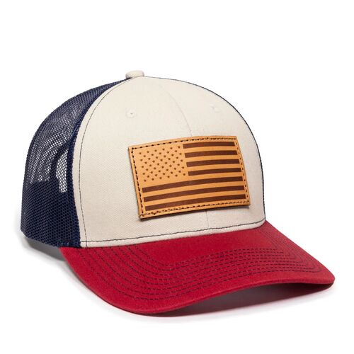 USA Flag Leather Patch Cap in Red White Blue
