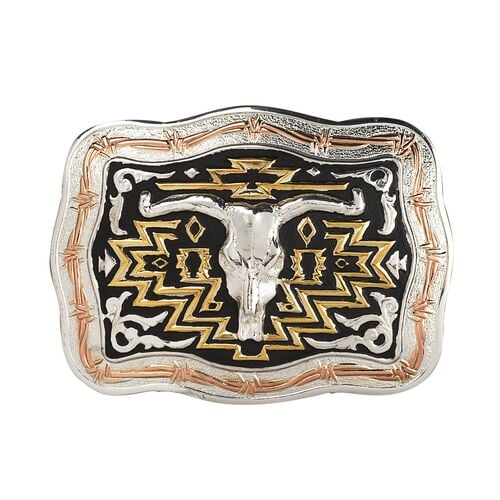 Men's Longhorn Skull Motif Rectangle Belt Buckle in Silver/Copper/Gold
