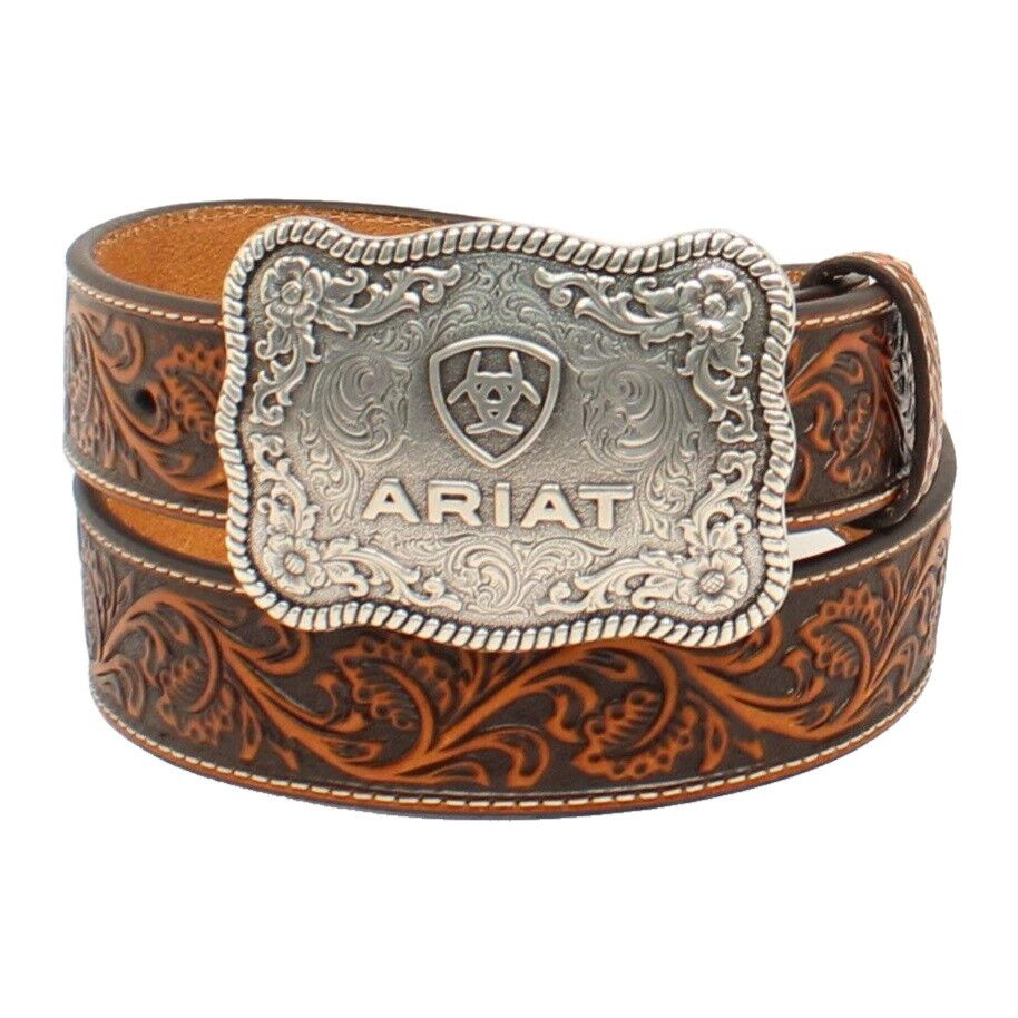 Men's Floral Embossed Belt with Floral Buckle in Tan