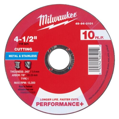 4-1/2" x .045" x 7/8" Performance+ Metal Cut Off Wheel - Type 1 - 10-Pack