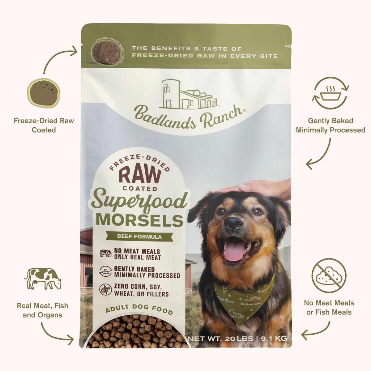 ドッグフード cross Badlands Ranch Freeze-Dried Raw Coated Superfood Morsels in Beef