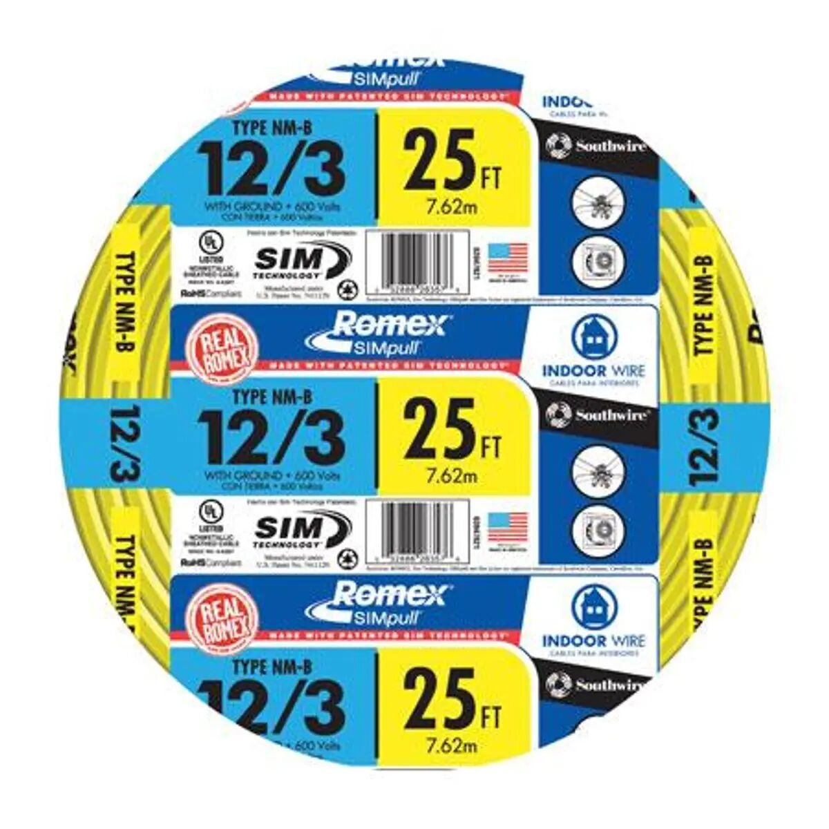 12/3 CU Romex SIMpull Copper Type NM-B Cable with Ground Building Wire
