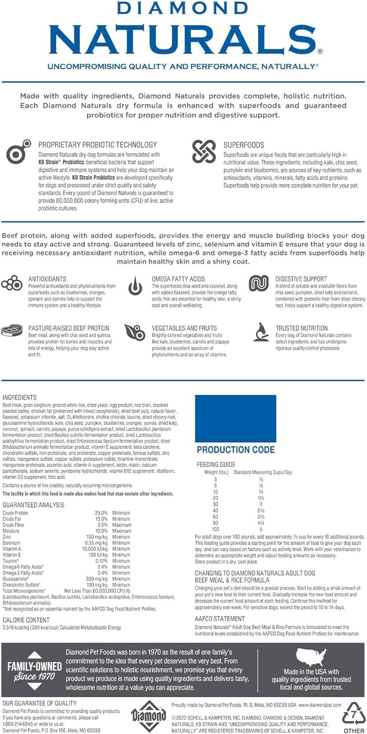 Diamond Naturals Beef Meal Rice Formula For Adult Dogs 40 Lb