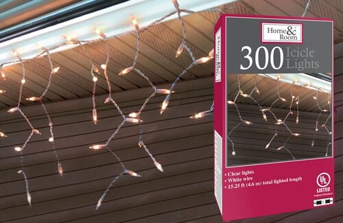 Home & Room 300-Count Icicle Lights in Clear/White Wire