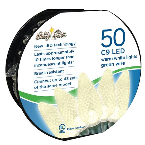 50-Count C9 LED Warm White Light Set with Green Wire