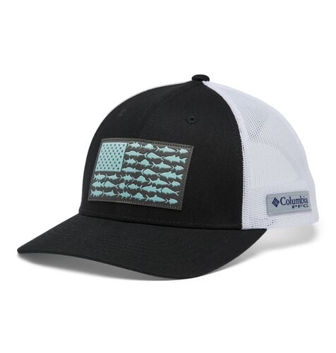 Men's High Crown PFG Fish Flag Snapback Cap in Black/White
