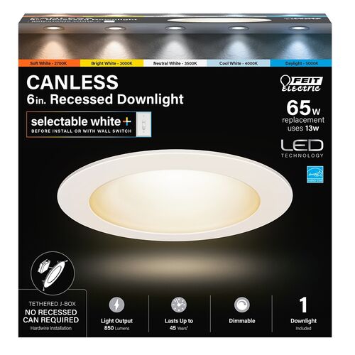 6" 65W Replacement Selectable White (5CCT) Tethered J-Box LED Downlight