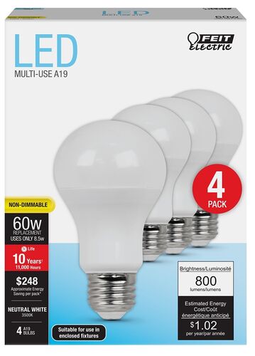 60W Replacement Neutral White A19 E26 General Purpose LED - 4-Pack