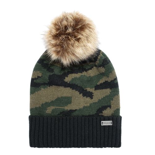Women's Camo Cuff Knit Hat with Faux Fur Pom