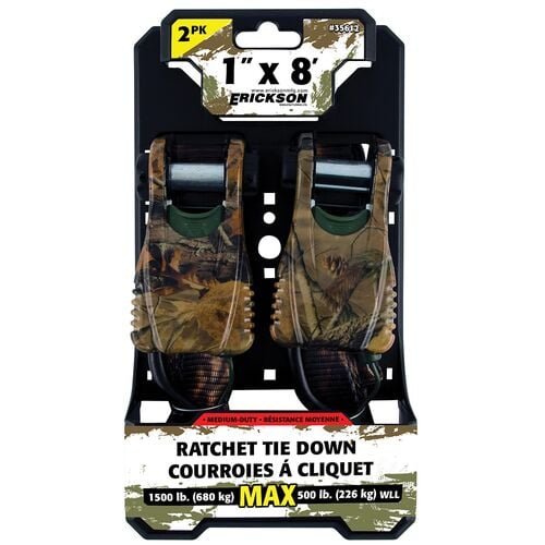 1" x 8' - 1,500 Lb Camo Ratcheting Tie-Downs with Cap Lock Hooks, 2 Pack