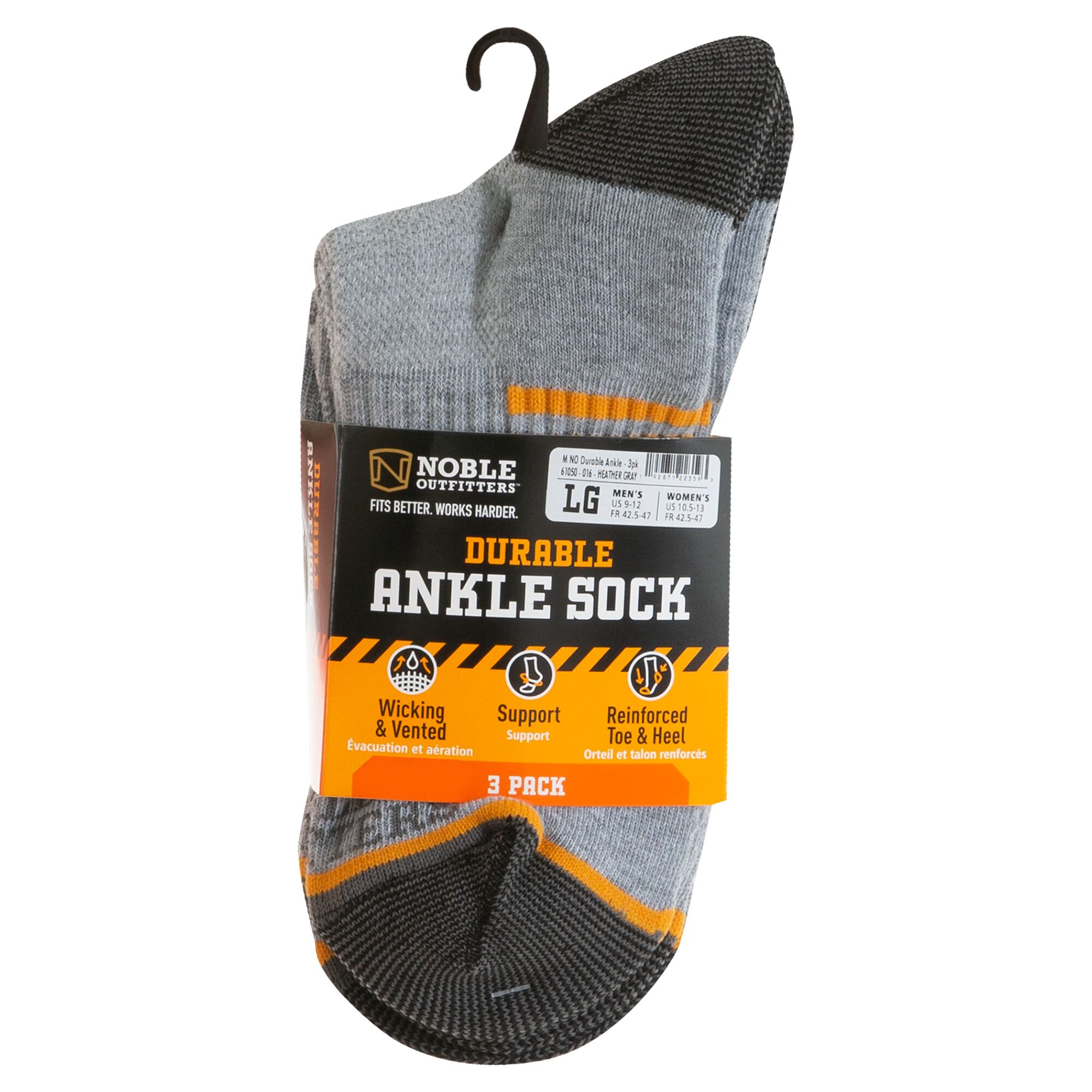 Men's Durable Ankle Sock 3-Pack in Heather Grey